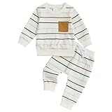 Tiacham Toddler Baby Boy Clothes Striped Outfits Fashion Fall Winter Sweatshirt Sweat Pant Kids Tops Shirt Pant Sets (Cream White, 12-18 Months)