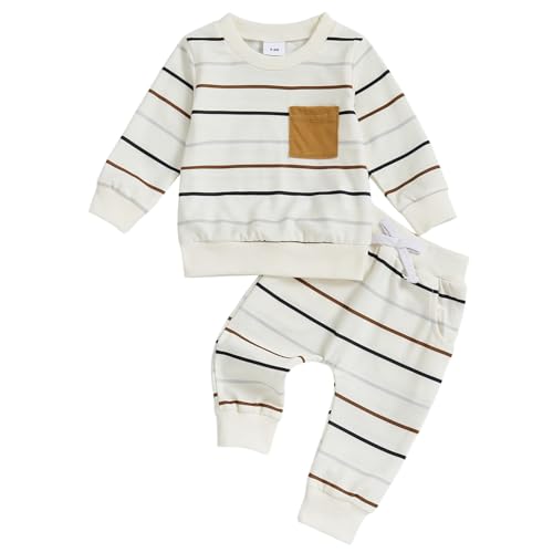 Tiacham Toddler Baby Boy Clothes Striped Outfits Fashion Fall Winter Sweatshirt Sweat Pant Kids Tops Shirt Pant Sets (Cream White, 12-18 Months)
