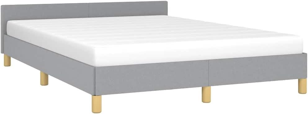 Light Grey Polyester Bed Frame with Headboard Queen Size Platform Foundation Sturdy Slatted Durable Furniture for Modern Minimalist Bedroom Mattress Support