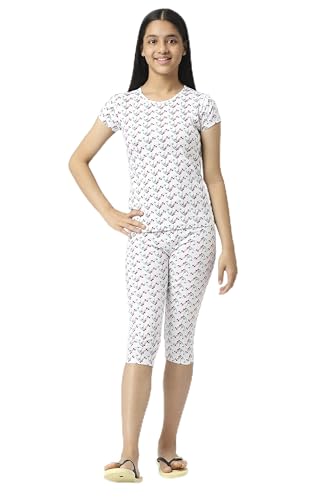 Image of SINI MINI Round Neck with Half Sleeve Top & Capri Beige Girls Casual Pack of 1 Night Suit Set