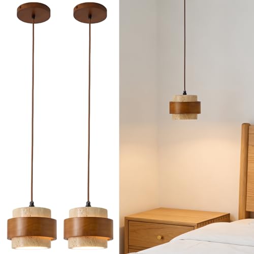 Wabi Sabi Pendant Light Set of 2, Yellow Travertine Pendant Light Fixture, 6.7 in Natural Stone & Wood Hanging Lamp for Kitchen Island, Hallway, Bedroom Bedside, Dining Room (E26 Base) by DLITISH - Used condition - Image 9
