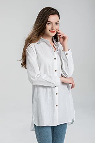 Minibee Women's Cotton Shirts Tunics Hi Low Tops Boyfriend Button Down Blouse2