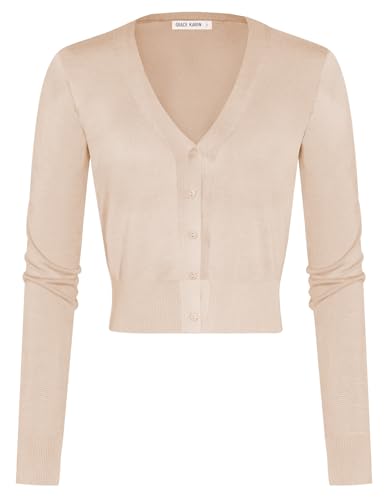 Image of GRACE KARIN Long Sleeve Cropped Cardigan Sweaters for Women Lightweight Button Down V-Neck Open Front Bolero Shrug Jacket