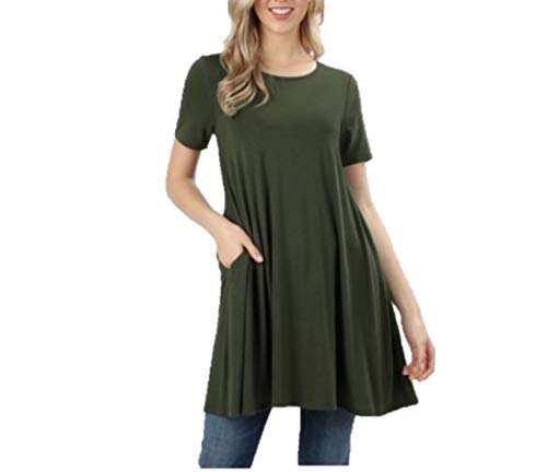 Zenana Basic Round Neck Short Sleeve Pocket A-Line Long Top Flared Tunic (Army Green, Large) #TOP29