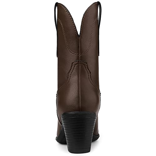Allegra K Allegra K Women's Mid Calf Memory Round Toe Block Heel Dark Brown Western Boots 6 M US