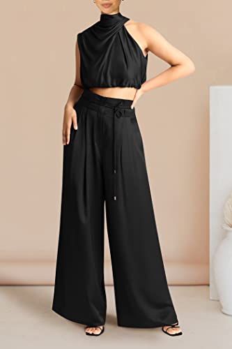 Image of PRETTYGARDEN Women's 2 Piece Outfits 2023 Summer Casual Sleeveless Mock Neck Crop Tops Wide Leg Pants Set