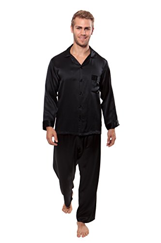 TexereSilk Men’s 100% Silk Pajama Set (Milaroma, Black, L)