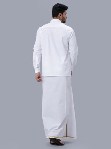 Image of RAMRAJ COTTON Men's Full Sleeve Shirt with 1 /2 Inch Gold Jari Border Dhoti