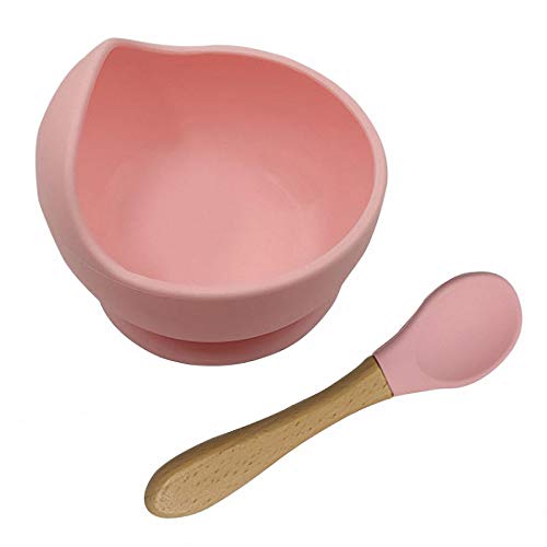Baby Feeding Bowl and Spoon Set, Silicone Suction Base and Wooden Spoon Kit First Stage Self Training Feeding Sets for Toddler Kids (Pink)