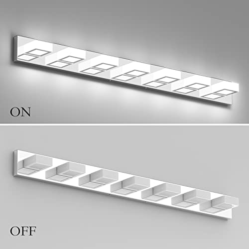 Image of Ralbay 46 inch Modern LED Chrome Vanity Lights 7 Lights Acrylic Stainless Steel LED Vanity Light Fixtures Chrome Bathroom Lighting Over Mirror