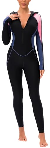 Full Body Scuba Rash Guard for Women Hooded Dive Skin One Piece Zip Up Diving Suit Long Sleeve Rashguard Pink XXL