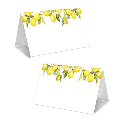 Lemon On Branch Table Place Cards, Lemons Themed Reception Seating Card, 25 Pcs Blank Foldable Name Place Cards, Leaves Mediterranean Wedding Birthday Party Decor Decorations, 17