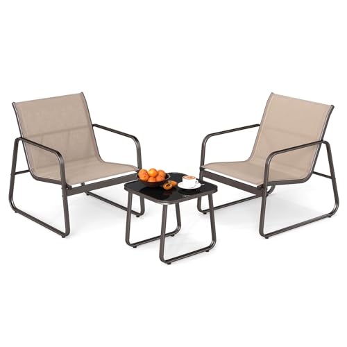 GOPLUS Salon de Jardin 2 Personnes,3Pcs Table Basse avec 2 Fauteuils Jardin，Salon de Bistrot avec Cadre Métallique, pour Jardin, Balcon, Piscine (Café)