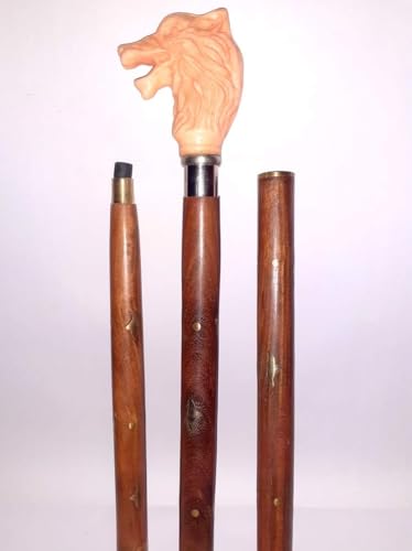 Canne de marche artisanale en bois sculpté loup pour élégance et prestige