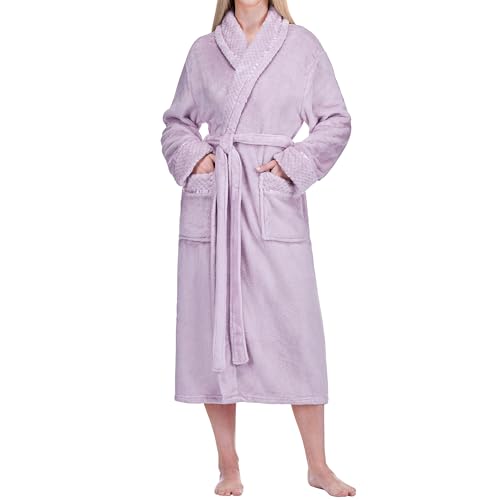 Image of PAVILIA Women's Plush Fleece Robe, Soft Cozy Long Bathrobe with Satin Waffle Trim, Warm Lightweight, Pockets & Tie Belt