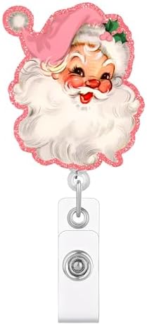 Cute Pink Santa Christmas Retractable Badge Reel, Vintage Santa ID Holder, Holiday Name Tag Clip for Nurse, Nursing Student, Teacher, Office Staff