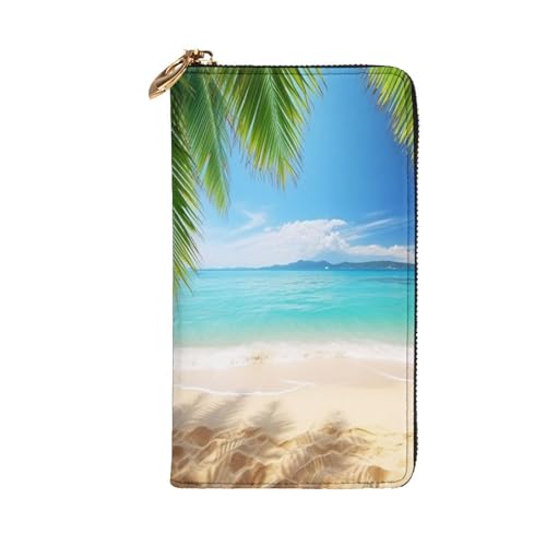 Ocean Sea Beach Palm Leaves Wallet for Men Women Long Purse Leather Clutch Large Business Handbag Travel Phone Holder Credit Card Holder Money Case with Zipper Leather Wallets Gift2