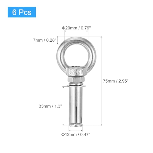 Image of uxcell Ring Lifting Expansion Eyebolt, 6pcs M8x50mm 304 Stainless Steel Expansion Screw with Eye Ring for Concrete Brick Wall