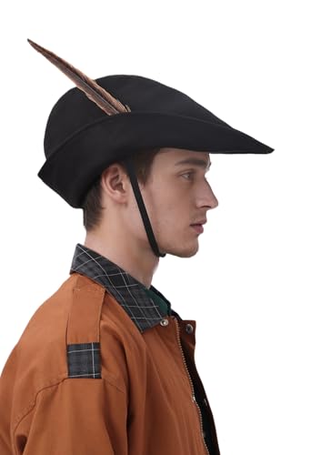 PROCOS Renaissance Robin Hat with Feather Felt Bycocket Hunter Hats Medieval for Mens Womens