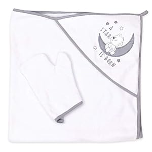 Baby Sweets® Kapuzenhandtuch Baby mit Waschlappen weiß grau / Baby Handtuch mit Kapuze Bär-Motiv A Star is Born / 2er…