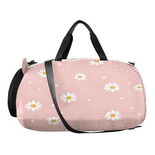YETTASBIN Sport Travel Duffel Bag for Girls Boys, Daisy Flower Large Waterproof Weekender Overnight Bag, Detachable Shoulder Strap Gym Bag with Shoe Compartment & Wet Pocket2