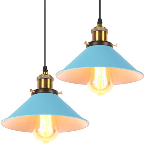iDEGU Lámpara Colgante Retro, 22cm Vintage Lámpara de Techo Industrial Tulipa en Metal E27 Colgante de Luz para Sala de Estar Cocina Dormitorio Restaurante Comedor Pasillo (2 Piezas, Azul)