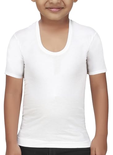 Image of ALBA Boys Cotton Half Sleeve Vest Kids Innerwear Breathable Cotton Vest Boys Undershirt Round Neck T Shirt Moisture Absorbent Soft Bio Washed Fabric Comfortable Fit White Innerwear Pack of 2