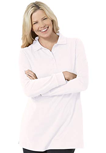 Woman Within Women's Plus Size Long-Sleeve Polo Shirt - 1X, White
