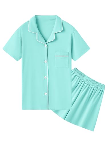 QZH.DUAO 100% Cotton Pajamas Set, Girls PJ Set Button Down Short Sleeve pjs Sleepwear Nightwear Loungewear for girl, Teal, 11-12 Years