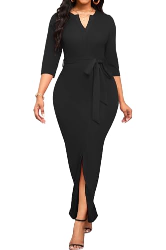 Image of Nmoder Long Maxi Dress for Women, Pencil Church Bodycon Dress Front Split | 3 /4 sleeve v neck, curvy tea party work semi formal cocktail funeral date bridesmaid dress, colorblock, m-3xl