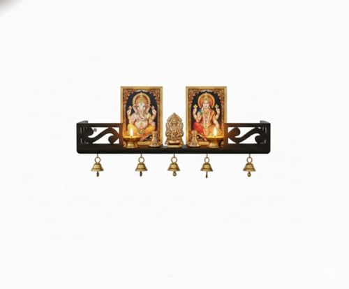 Image of Wooden Wall Shelf with Bells, Traditional Indian Style, Rectangular, Painted Finish | Mandir wall Shelf for Home and Office (Black)