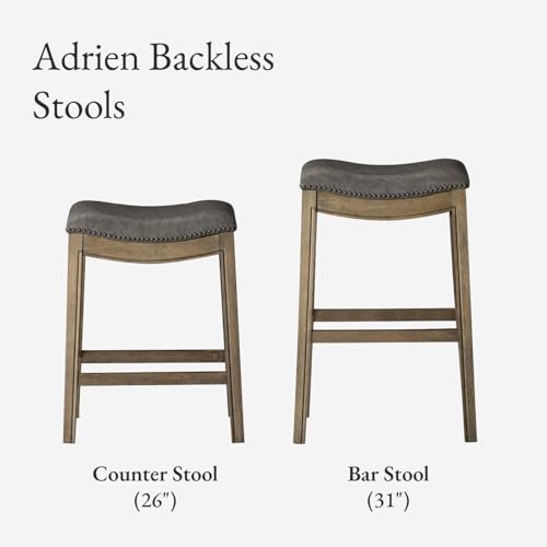 Image of Maven Lane Adrien Backless Counter Stool - Set of 2 - 26 Inches - Saddle Stool with Footrest - Grey Solid Wood Frame & Grey Faux Leather Upholstery - Perfect for Kitchen Islands & Counters