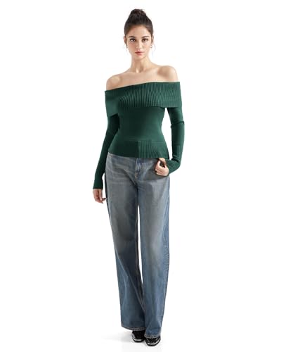 Image of SUUKSESS Women Off Shoulder Sweaters Long Sleeve Ribbed Knit Going Out Fall Tops Blouse