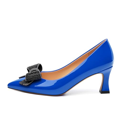 Image of Heels for Women Closed Patent Pointed Toe Bow Pumps Slip on Kitten Low Heels Wedding Party Dress Office Shoes 2.5Inch
