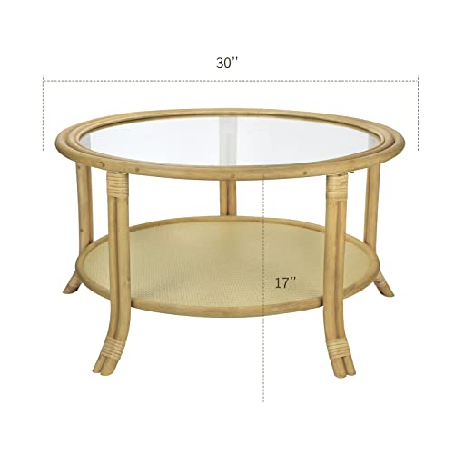 Ohimonina Rattan Wicker Table Side Table End Table Round Coffee Table Natural Handmade Design Home Decor Table For Living Room, Bedroom(Coffee Table With Glass Top) #TOP2
