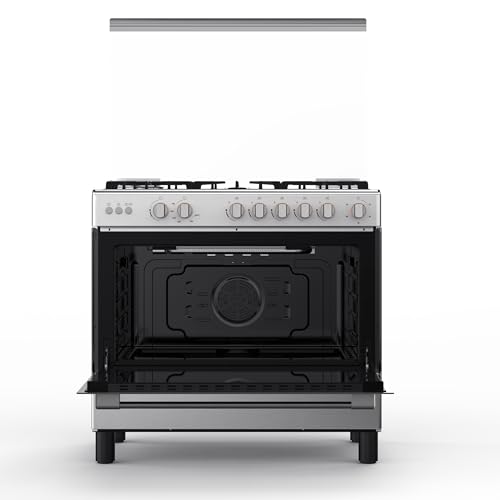 TOSHIBA 90x60 cm Freestanding Gas Cooker, 115L Oven with 5 burners, Full-Safety, Auto Ignition, ast Iron Pan Support, Glass Top Lid, Stainless Steel, RL2-90G5GE(MR)