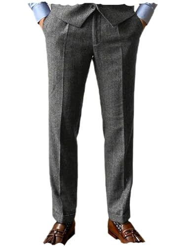 Mens Vintage Pants Dress Trousers Tweed Herringbone Pants Casual Business Wool Pants