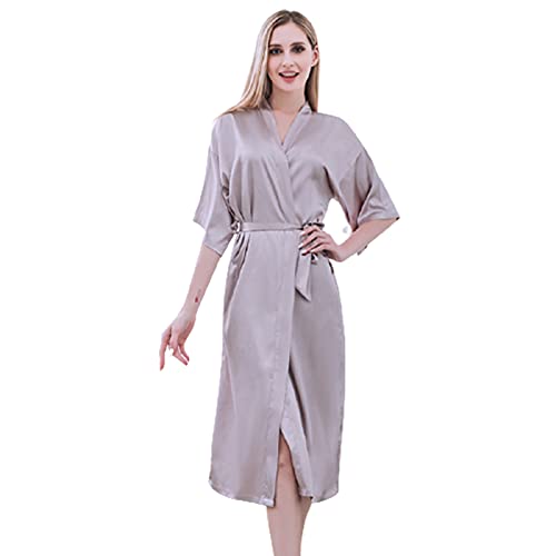 ASDFGHJKL Albornoz De Seda para Mujer Mujer Vestido Kimono Satén Largo,Kimono Bata De Satén Kimono del Cordón Robe Albornoz con Escote De Seda Ropa De Dormir Dama De Honor De La Novia,Grey-M Cover