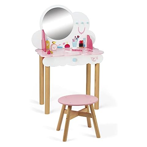 Janod - P'tite Miss Wooden Dressing Table for Children - 10 Accessories Included - Pretend Play - For children from the Age of 3, J06553, Pink and White Cover