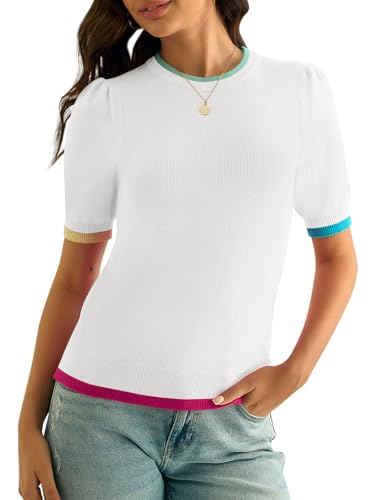 Image of Yousify Womens Puff Short Sleeve Sweater Top Summer Trendy Crew Neck Casual T Shirts Blouses