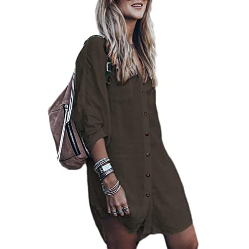 Bsubseach Womens Long Sleeve Linen Swimsuit Cover Up Button Down Beach Cover Ups Summer Swim Shirt Dresses Dark Brown One Size