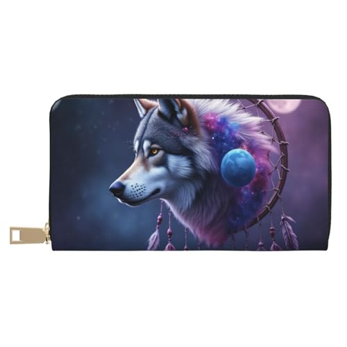 Magical Purple Wolf Dreamcatcher Print Wallet Women, Leather Bifold Multi Card Wallet, Long Purse Women's Wallets