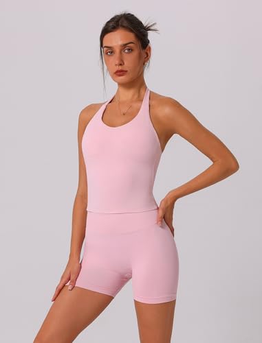 Image of ABOCIW Workout Sets for Women 2 Piece seamless Halter Sports Bra Scrunch Butt Impact Shorts Gym Yoga Outfits