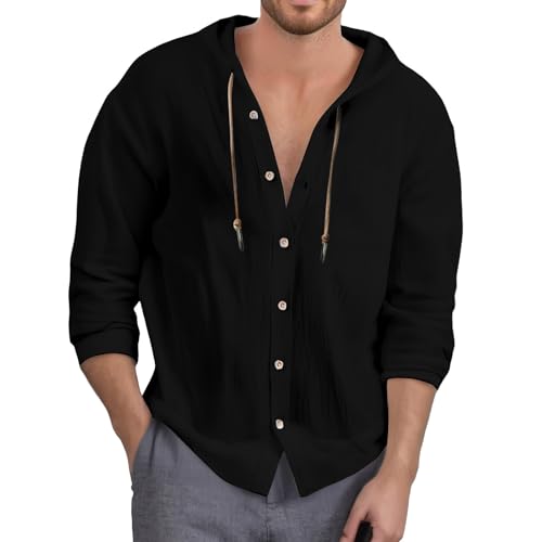 Camisa Masculina Lino Camisa Elegante con Capucha y Botones, Informal, de Color Liso, con Bolsillos y Cómoda para Hombre
