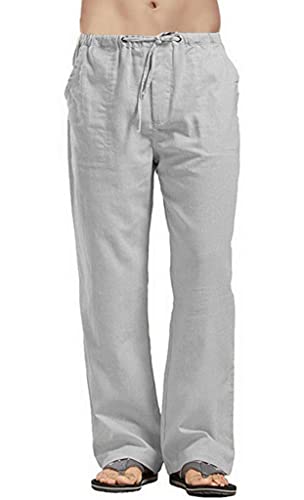 Calça masculina de linho casual, de algodão, leve, para ioga, pernas largas, Cinza claro, 3G