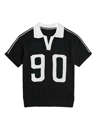 Verdusa Women's Plus Size Jersey Shirts Hollow Out Sheer Pullover Sweater Notched V Neck Collared Lightweight Knit Tops