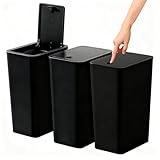 Stowetry 3 Pack Bedroom Bin,10L Plastic Bathroom Bin with Lid,Slim Push Button Thin Trash Can,Dog Proof Narrow Garbage Can for Toilet,Kitchen,Bathroom,Bedroom,Office,Living Room (Black)