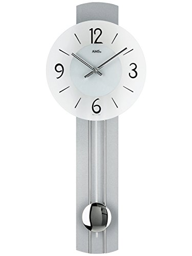 AMS 7275 - Reloj de pared con péndulo de cuarzo, pared trasera de madera, lacado plateado
