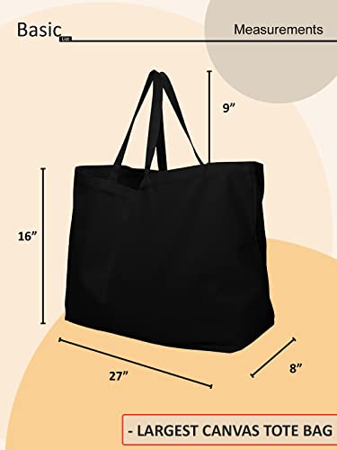 27" Large Canvas Tote Bag - Extra Big Largest Grocery Shopping Beach Reusable Totes Bags Vacation Plain Solid 27" X 16" X 8" (Black) #TOP1