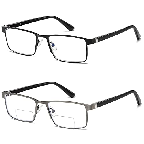 Bifocal Reading Glasses for Men Blue Light Blocking Computer Readers Lightweight Metal Frame Eyewear Spring Hinge 2PACK 2.5